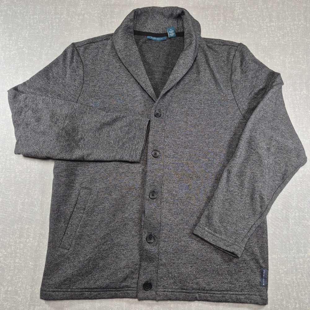 Perry Ellis Mens Shawl Collar Cardigan Sweater Gray Heather Button Front Large
